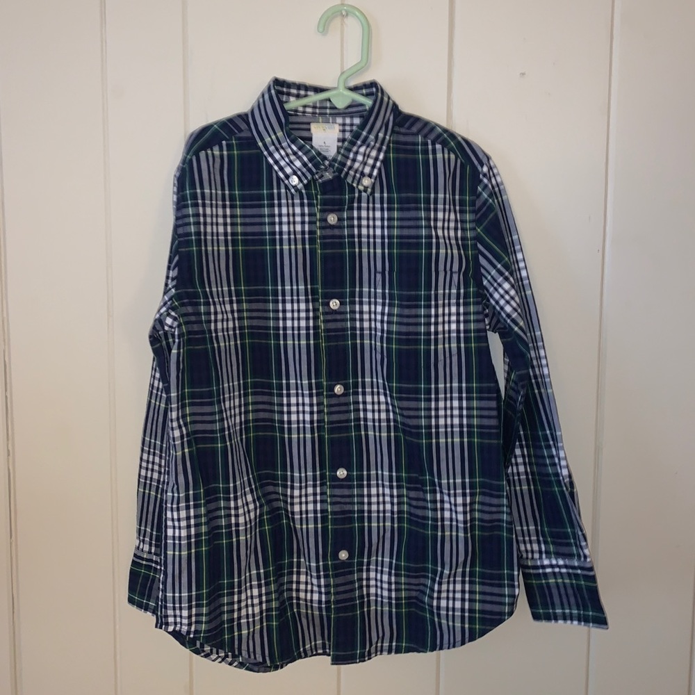 Plaid navy, white and green button down shirt